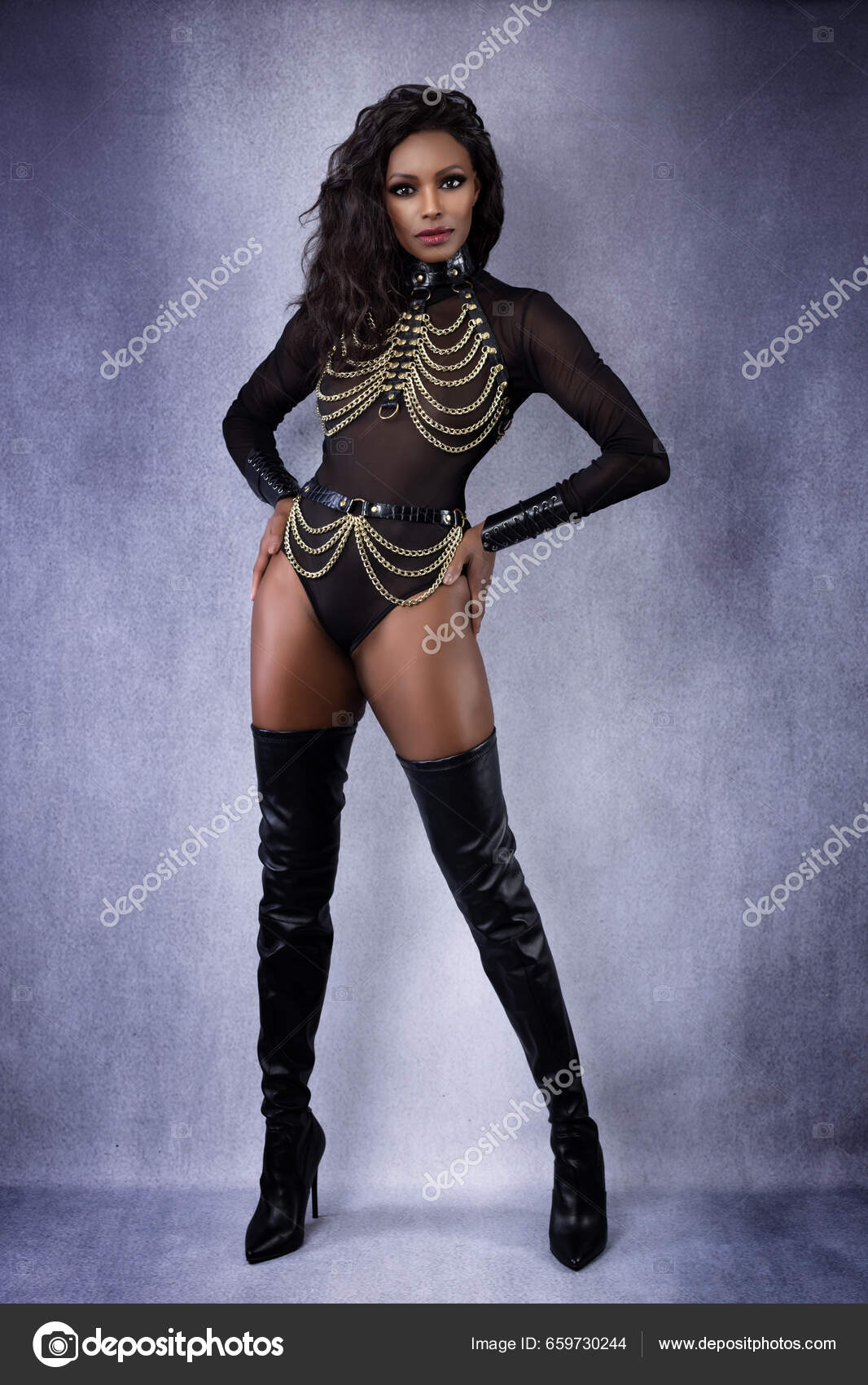 Beautiful Sexy Black Dominant Woman Leather Chain Harness Outfit Thigh  Stock Photo by ©flashpro16 659730244