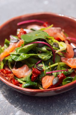 Lezzetli somon dilimleriyle kaplı taze yeşil yapraklı bir salata..