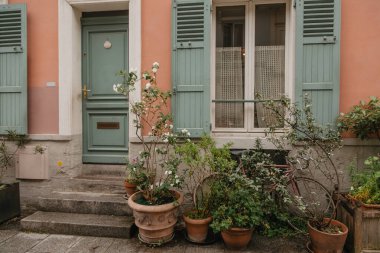 Paris 'te dar bir sokakta renkli bir kapı.
