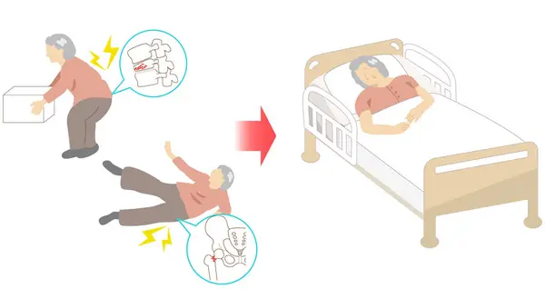 Osteoporoz nedeniyle uyluk ve omurga kırıkları olan yaşlı bir kadın yatağa kapatılmış.