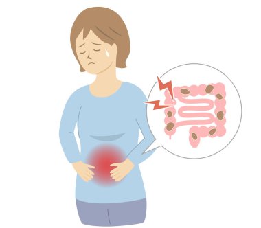 Karnının alt kısmını acı içinde tutan bir kadının üst vücut çizimi kalın bağırsaklarda rahatsızlık olduğunu gösteriyor.