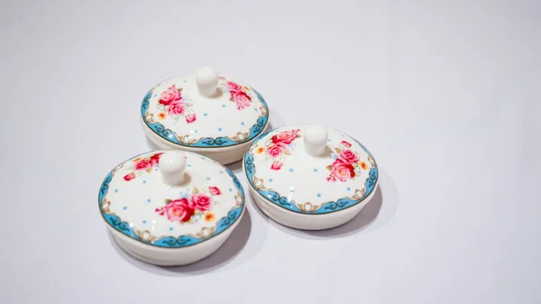 Flower Patterned Jar Set Lid Tray Charming Addition Your Home — Φωτογραφία Αρχείου