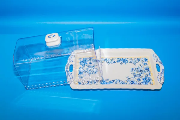 Mavi Çiçek Desenli Seramik Dikdörtgen Pasta Kutusu Enfes Fırınlarınızı Depolamak — Stok fotoğraf