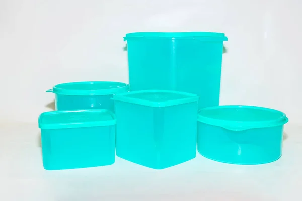Blue Plastic Jar Set Различных Размерах Является Универсальным Решением Хранения — стоковое фото