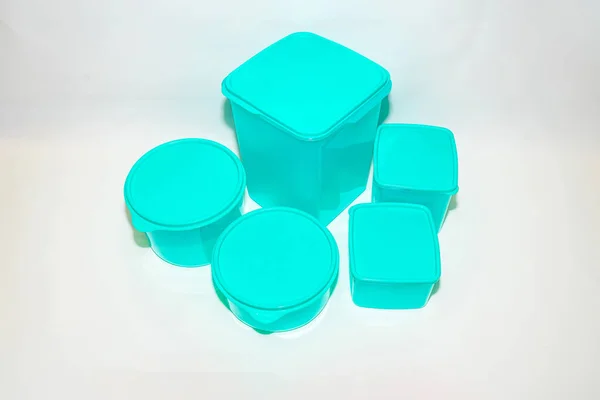 Blue Plastic Jar Set Διάφορα Μεγέθη Είναι Μια Ευέλικτη Λύση — Φωτογραφία Αρχείου