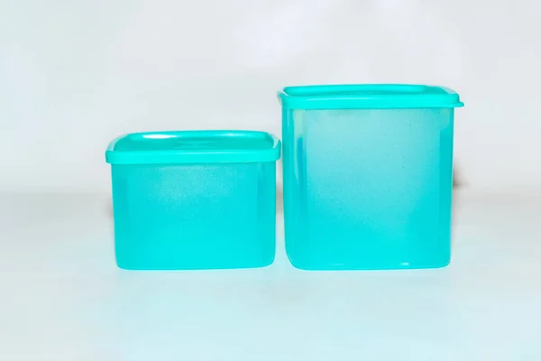 Conjunto Tarros Plástico Azul Varios Tamaños Una Solución Almacenamiento Versátil —  Fotos de Stock
