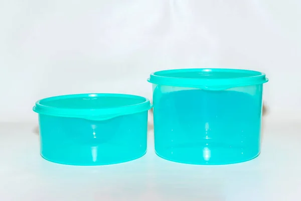 Blue Plastic Jar Set Различных Размерах Является Универсальным Решением Хранения — стоковое фото