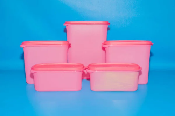 Pink Plastic Jar Set Various Sizes Perfect Storage Solution All — Stock Photo, Image
