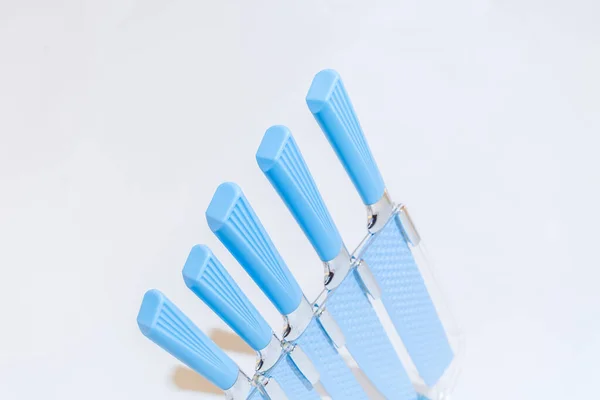 Blue Kitchen Knife Set Offers Collection Versatile Blades Various Sizes — Stock Photo, Image