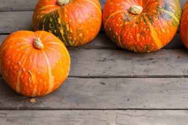 Ahşap masada cadılar bayramı balkabakları. Teşekkürler konsepti