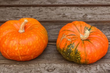 Arka planda yapraklar olan bir masada iki balkabağı. Cadılar Bayramı arkaplanı