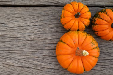 Ahşap arka planda Cadılar Bayramı balkabakları