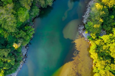 Yazın yeşil ağaçları, ormanı ve dağları olan güzel nehrin havadan görünüşü.