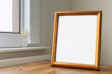 Oturma odasının iç tarafındaki ahşap masada beyaz çerçeveli resim çerçevesi, 3 boyutlu.