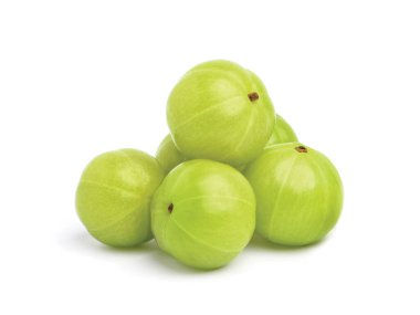 Amla Explay in Supermarket, Indian bektaşi üzümü meyveleri (phyllanthus emblica) beyaz arka planda izole edilmiştir. Amlokhi veya amola.