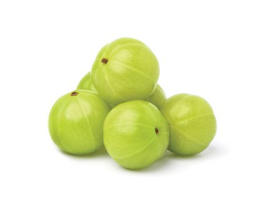 Amla Explay in Supermarket, Indian bektaşi üzümü meyveleri (phyllanthus emblica) beyaz arka planda izole edilmiştir. Amlokhi veya amola.
