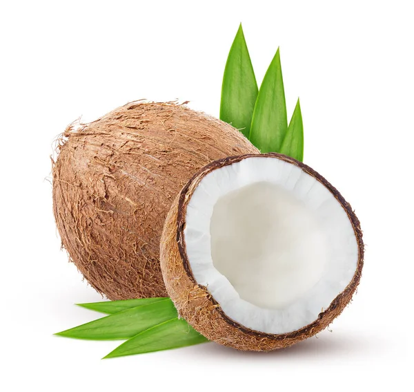 Coco Com Folhas Isoladas Sobre Fundo Branco Fruta Tropical Coco — Fotografia de Stock