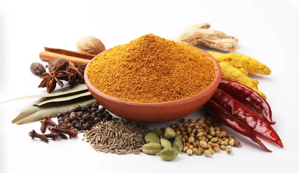 Naturliga Kryddor För Curry Masala Indisk Krydda Blandning Med Pulver Stockbild