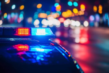 Şehirde polis arabasının ışıkları seçici bir odak noktası ve bokeh