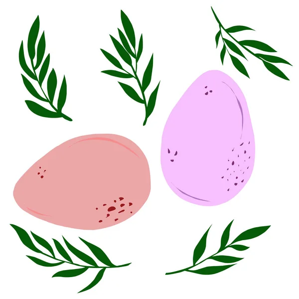 Πασχαλινά Χρωματιστά Αυγά Και Πράσινα Κλαδιά Επίπεδη Απεικόνιση Διάνυσμα Κλιπ — Διανυσματικό Αρχείο