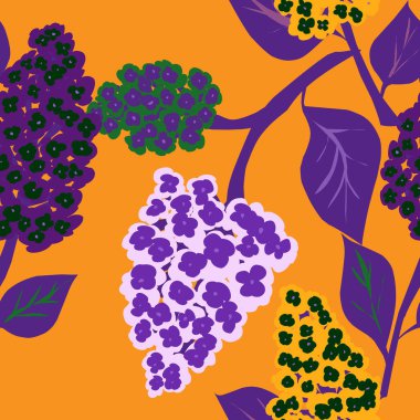 Leylak, stilize çiçek deseni. Vektör kusursuz desen. Parlak modern tasarım düz stil, serbest stil çizilmiş.