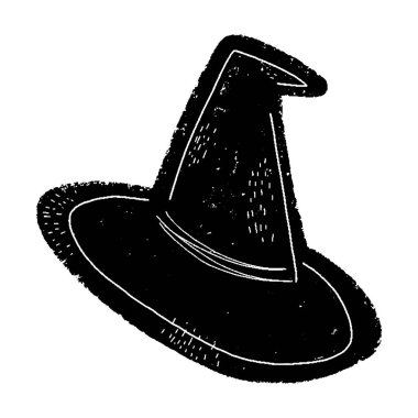 Cadı şapkası çizgi filmi. Siyah el çizimi linocut stili, grunge kabataslak eski doku. Tasarım elementi. Cadılar Bayramı tasarımı.