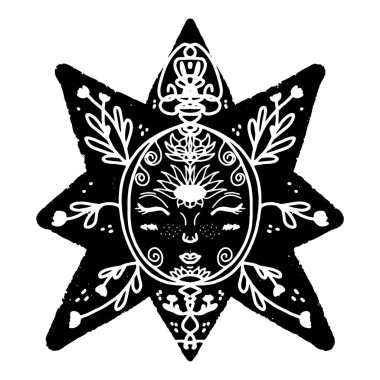 Yüzü ve desenleri olan bir yıldız. Linocut biçimli el çizimi ile siyah vektör grunge illüstrasyonu. Tasarım elementi