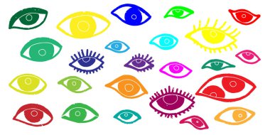 Gözler. Renkli tasarım elementlerinin vektör kümesi, el çizimi linocut tarzı, minimalizm, İskandinav tarzı, grafik.