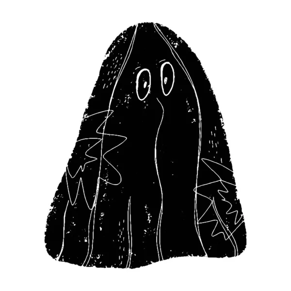 Ghost Cartoon Black Hand Drawn Linocut Style Grunge Rough Old — Stock Vector