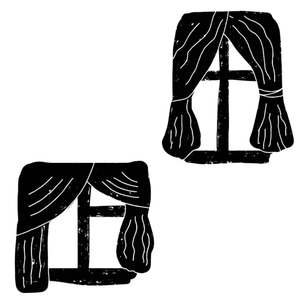 カーテン付きの2つの窓 黒い手は 古いテクスチャを粗くグランジ 線画のスタイルを描いた デザインの要素 ベクトルセット — ストックベクタ