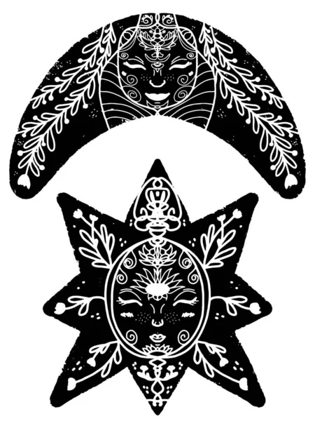 Полумесяц Звезда Мультяшными Лицами Черной Ручной Линогравюрой Грубой Старой Фактурой — стоковый вектор