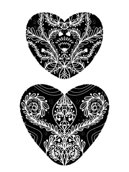 Valentine Hearts Floral Patterns Black Hand Drawn Linocut Style Grunge — Stock Vector