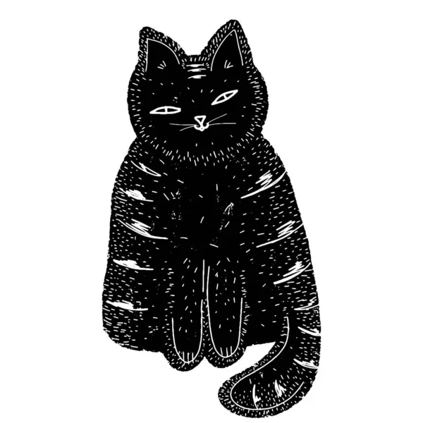 Cat Dibujos Animados Estilo Linograbado Dibujado Mano Negro Textura Gruesa — Archivo Imágenes Vectoriales
