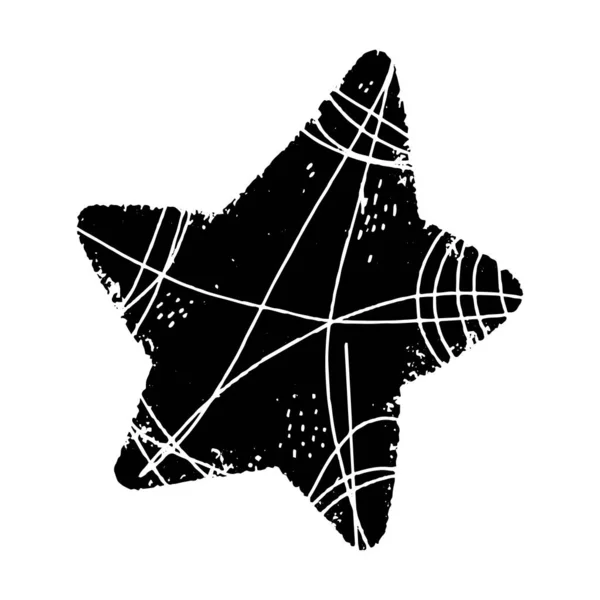 Caricatura Estrella Estilo Linograbado Dibujado Mano Negro Textura Gruesa Vieja — Vector de stock