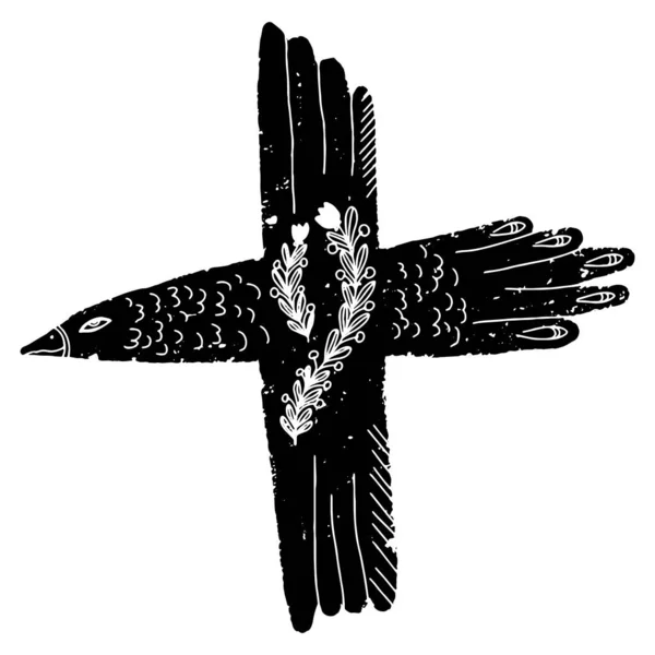 Stylizovaný Pták Ručně Kreslená Ilustrace Linokutovém Stylu Černý Vektorový Prvek — Stockový vektor