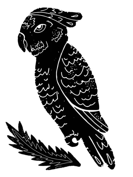 Папуга Кокату Екзотична Пташка Мальована Вручну Ілюстрація Стилі Лінолеуму Чорний — стоковий вектор