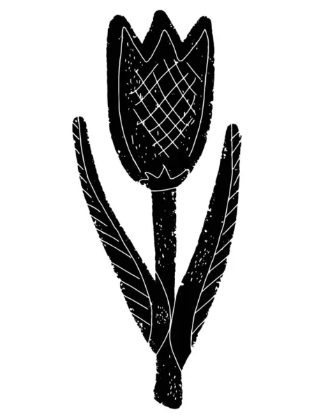 Tulip Stylized Flower Hand Drawn Illustration Linocut Style Black Vector — Stock Vector