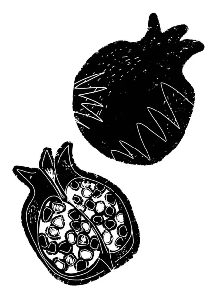 Pomegranate Stylized Fruit Hand Drawn Illustration Linocut Style Black Vector — Stock Vector