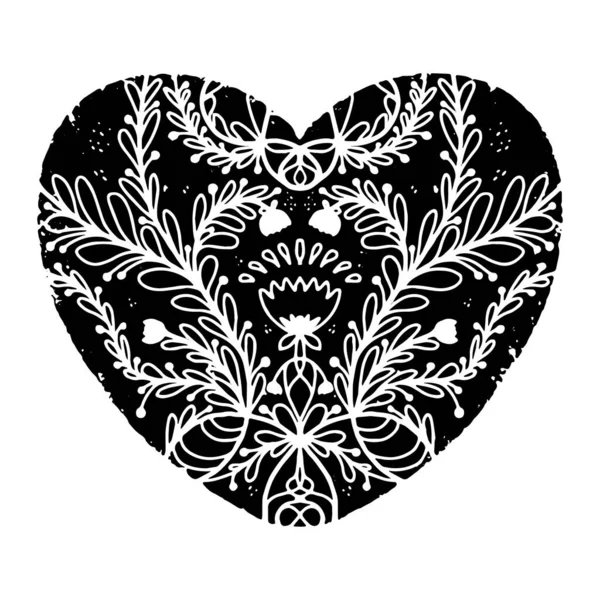 Corazón Con Patrones San Valentín Ilustración Grunge Vectorial Negro Estilo — Vector de stock