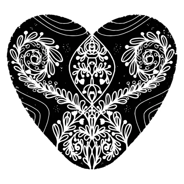 Coração Com Padrões Valentine Ilustração Grunge Vetor Preto Estilo Linocut — Vetor de Stock