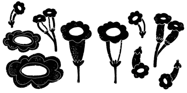 Flowers Vector Set Black Design Elements Hand Drawn Linocut Style — Stock Vector