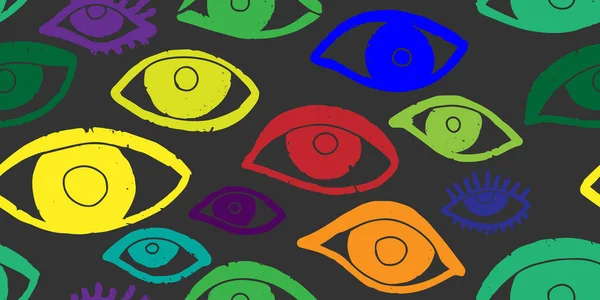 Ojos Estilizados Colores Patrón Sin Costura Vectorial Sobre Fondo Oscuro — Archivo Imágenes Vectoriales