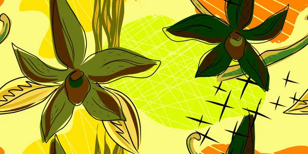 Abstraktní Stylizované Vanilkové Květy Ilustrace Plochého Stylu Bezešvý Vektorový Vzorec — Stockový vektor