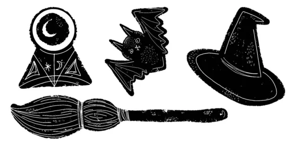 Halloween Set Hexenhut Besen Fledermaus Kristallkugel Schwarze Silhouettenillustrationen Handgezeichnet Linolschnitt — Stockvektor