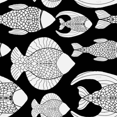 Balık. Linocut minimalizm İskandinav tarzında denizci deseni. Vektörsüz desen