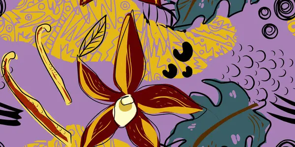 Тропічні Рослини Ванільна Квітка Джунглі Ілюстрація Плоского Стилю Векторний Безшовний — стоковий вектор