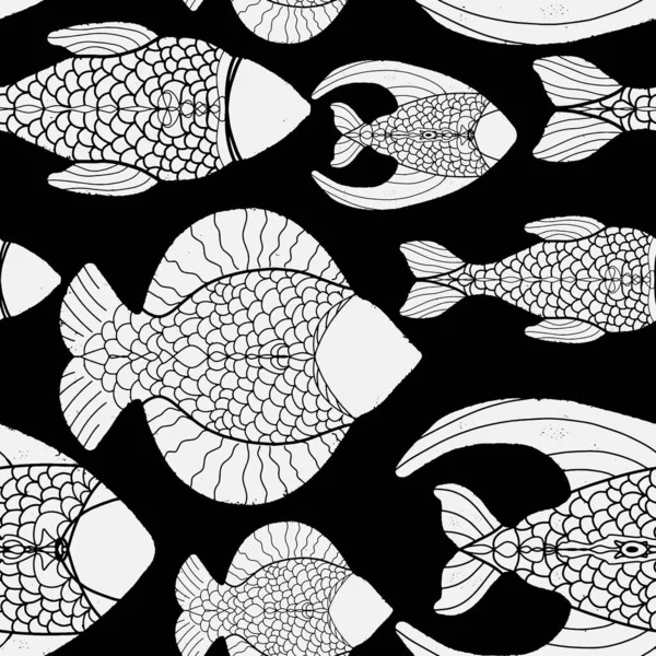 Fisch Marine Muster Stil Des Linolschnitts Minimalismus Skandinavischen Stil Nahtloses — Stockvektor