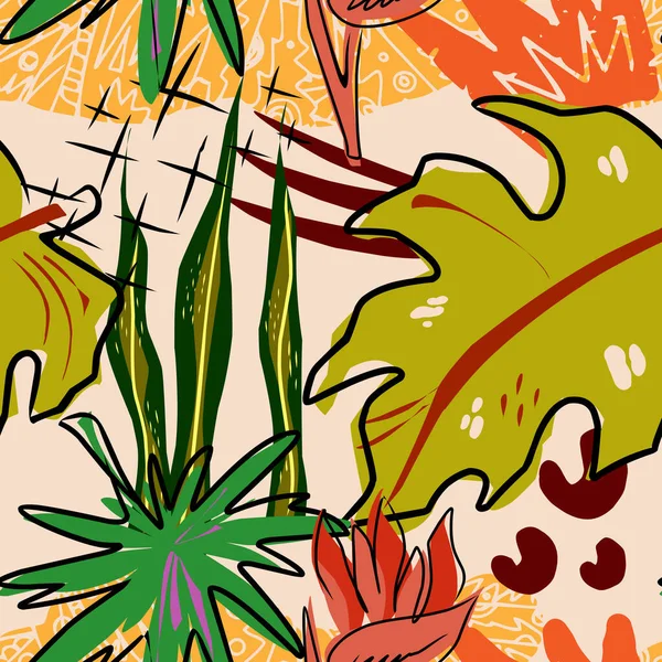 Tropik Bitkiler Orman Düz Çizim Vektörsüz Desen — Stok Vektör