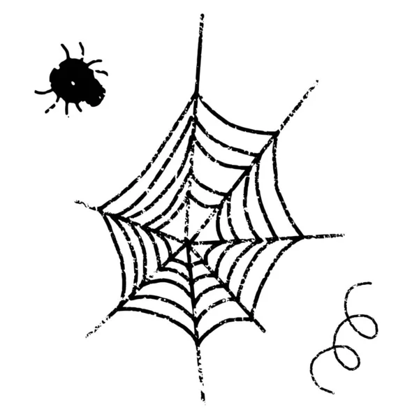 Spindelnät Med Spindel Halloween Doodle Illustration Vektorelement — Stock vektor