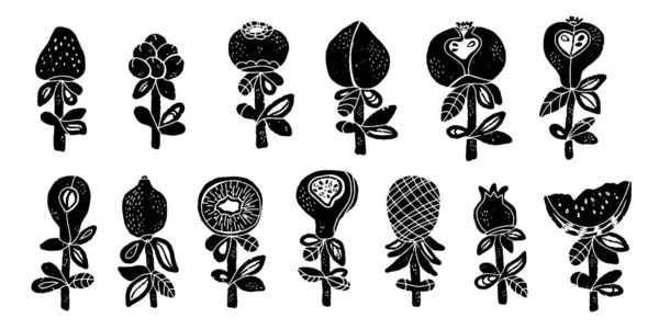 Linocut Tarzında Stilize Meyveler Organik Şekiller Minimalizm Köy Tarzı Tasarım — Stok Vektör